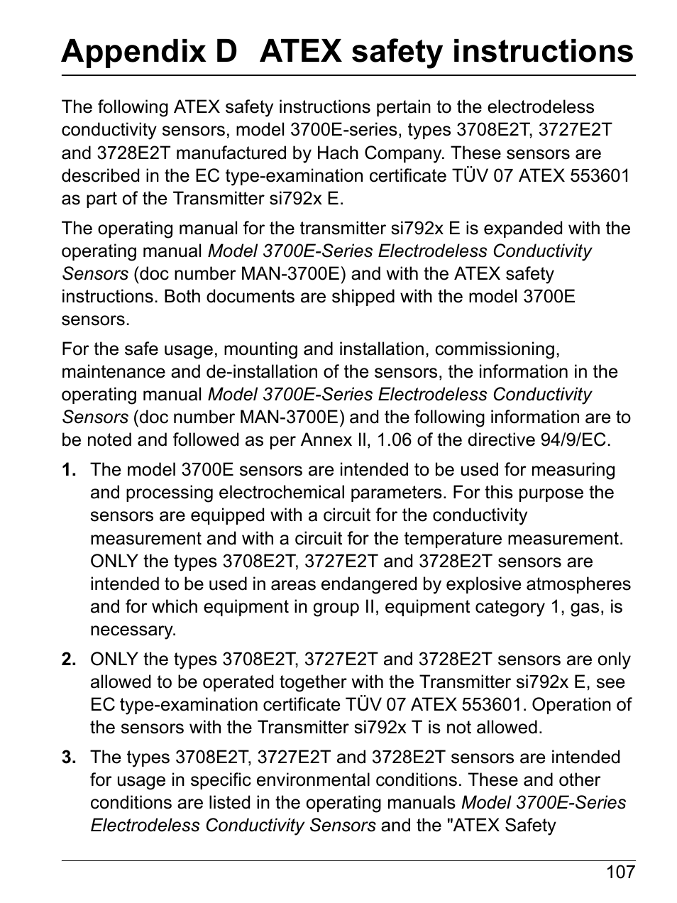 Appendix d atex safety instructions | Hach-Lange SI792(x) E HACH GLI 3700 series SI792(x) T 7MA2200 and 8398 series User Manual User Manual | Page 109 / 116