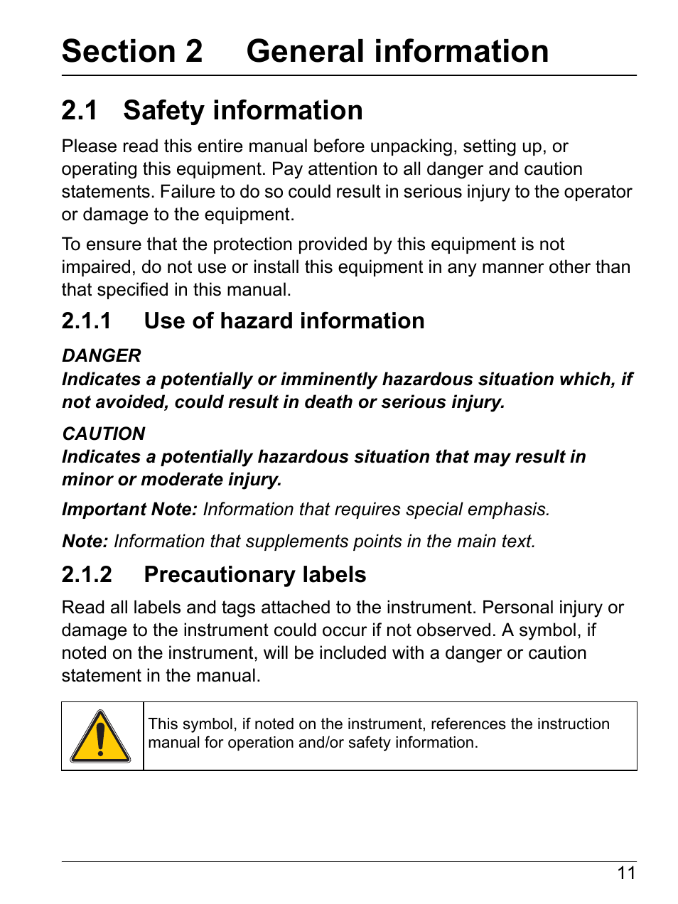 Section 2 general information, 1 safety information, 1 use of hazard information | 2 precautionary labels | Hach-Lange SI792(x) E HACH GLI 3700 series SI792(x) T 7MA2200 and 8398 series User Manual User Manual | Page 13 / 116