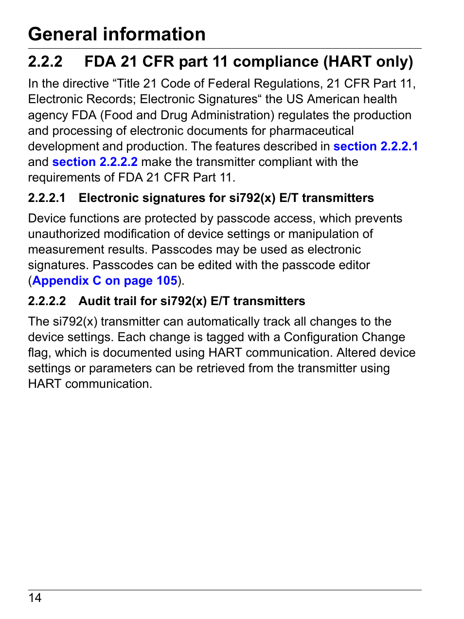 2 fda 21 cfr part 11 compliance (hart only), 2 audit trail for si792(x) e/t transmitters, General information | Hach-Lange SI792(x) E HACH GLI 3700 series SI792(x) T 7MA2200 and 8398 series User Manual User Manual | Page 16 / 116