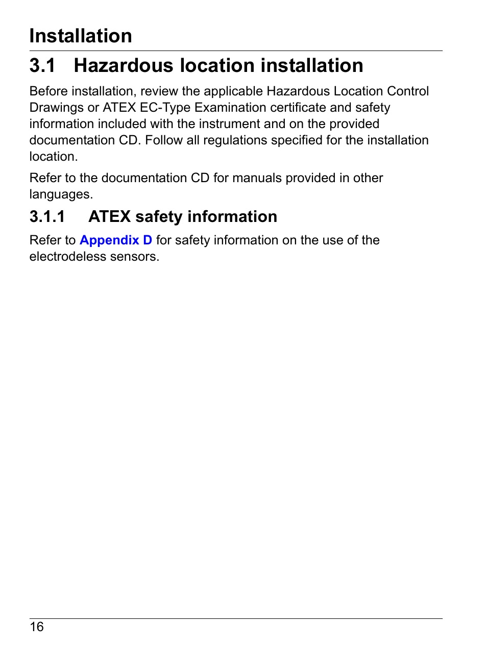 1 hazardous location installation, 1 atex safety information, Installation | Hach-Lange SI792(x) E HACH GLI 3700 series SI792(x) T 7MA2200 and 8398 series User Manual User Manual | Page 18 / 116