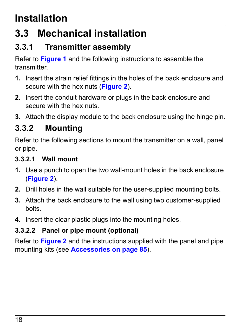 3 mechanical installation, 1 transmitter assembly, 2 mounting | 1 wall mount, 2 panel or pipe mount (optional), 1 transmitter assembly 3.3.2 mounting, Installation | Hach-Lange SI792(x) E HACH GLI 3700 series SI792(x) T 7MA2200 and 8398 series User Manual User Manual | Page 20 / 116
