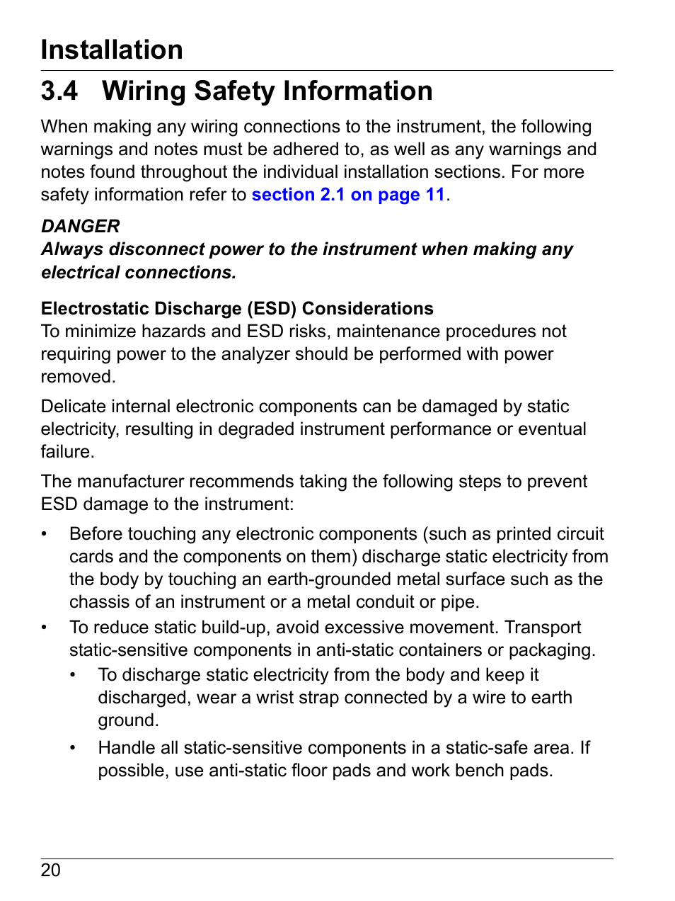 4 wiring safety information, Installation | Hach-Lange SI792(x) E HACH GLI 3700 series SI792(x) T 7MA2200 and 8398 series User Manual User Manual | Page 22 / 116