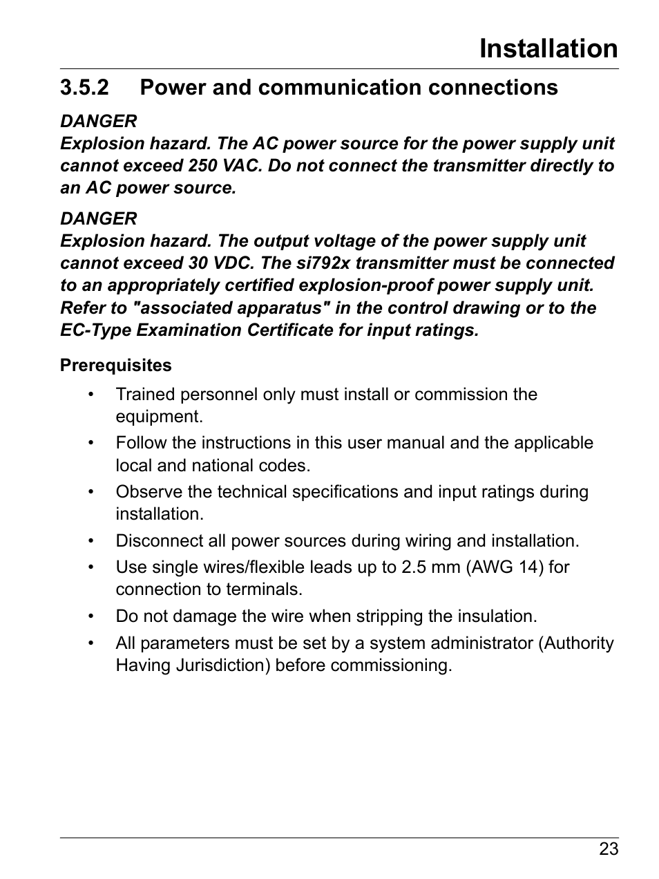 2 power and communication connections, Installation | Hach-Lange SI792(x) E HACH GLI 3700 series SI792(x) T 7MA2200 and 8398 series User Manual User Manual | Page 25 / 116