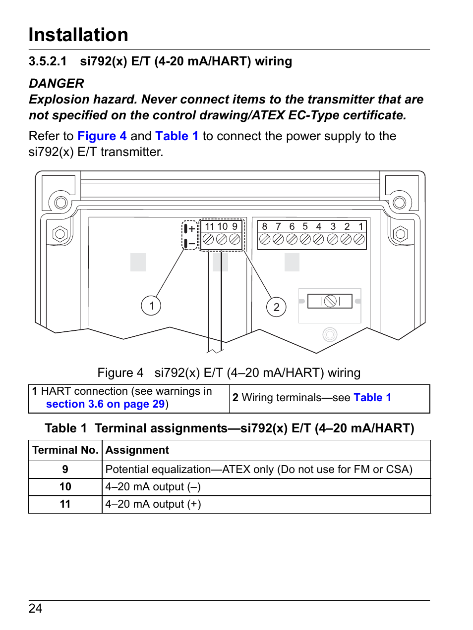 1 si792(x) e/t (4-20 ma/hart) wiring, Installation | Hach-Lange SI792(x) E HACH GLI 3700 series SI792(x) T 7MA2200 and 8398 series User Manual User Manual | Page 26 / 116