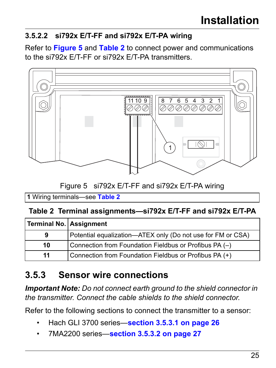 2 si792x e/t-ff and si792x e/t-pa wiring, 3 sensor wire connections, Installation | Hach-Lange SI792(x) E HACH GLI 3700 series SI792(x) T 7MA2200 and 8398 series User Manual User Manual | Page 27 / 116