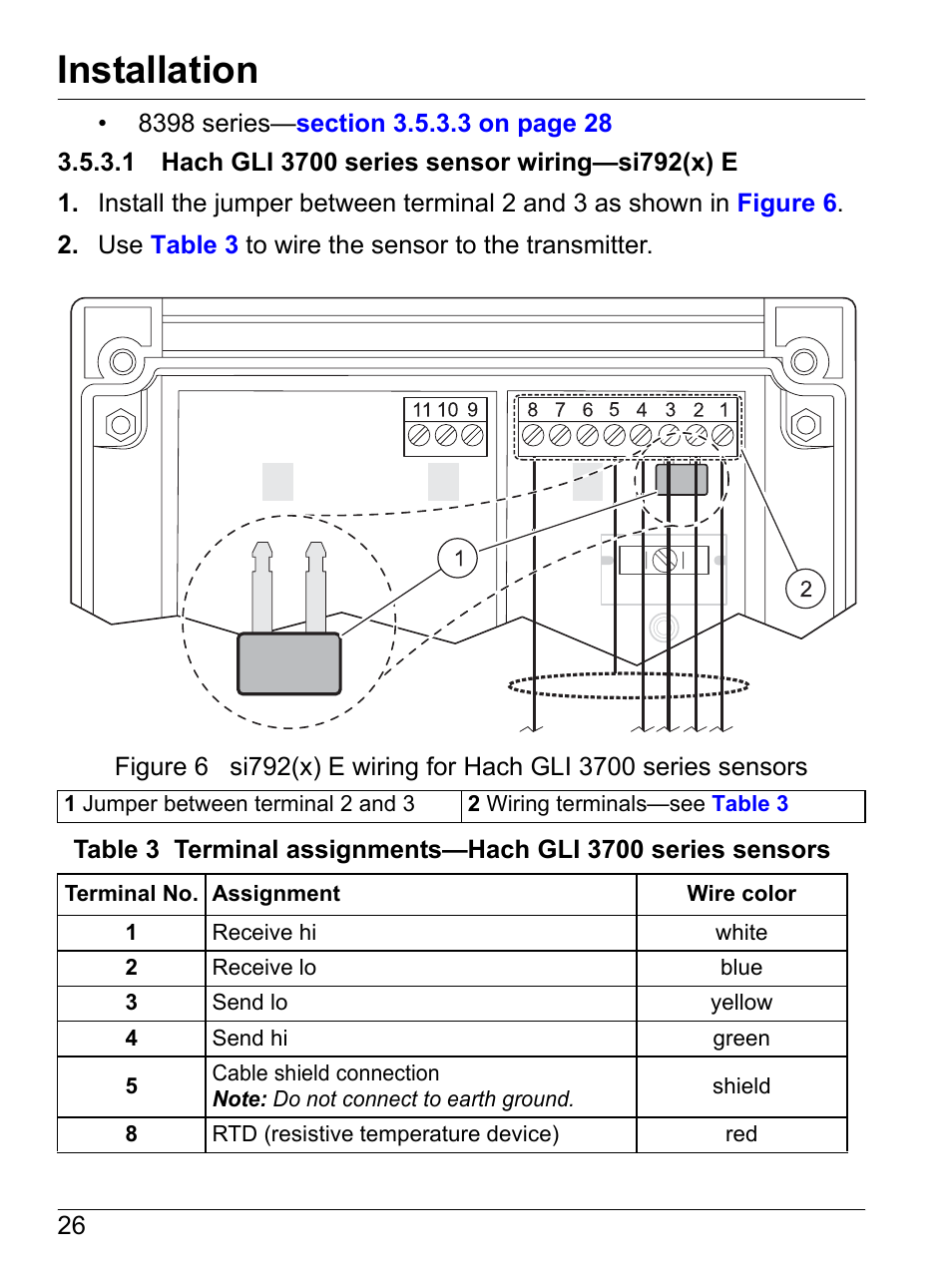 1 hach gli 3700 series sensor wiring-si792(x) e, 1 hach gli 3700 series sensor wiring—si792(x) e, Installation | Hach-Lange SI792(x) E HACH GLI 3700 series SI792(x) T 7MA2200 and 8398 series User Manual User Manual | Page 28 / 116