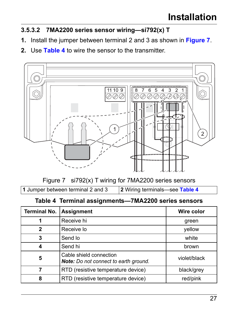 2 7ma2200 series sensor wiring-si792(x) t, 2 7ma2200 series sensor wiring—si792(x) t, Installation | Hach-Lange SI792(x) E HACH GLI 3700 series SI792(x) T 7MA2200 and 8398 series User Manual User Manual | Page 29 / 116