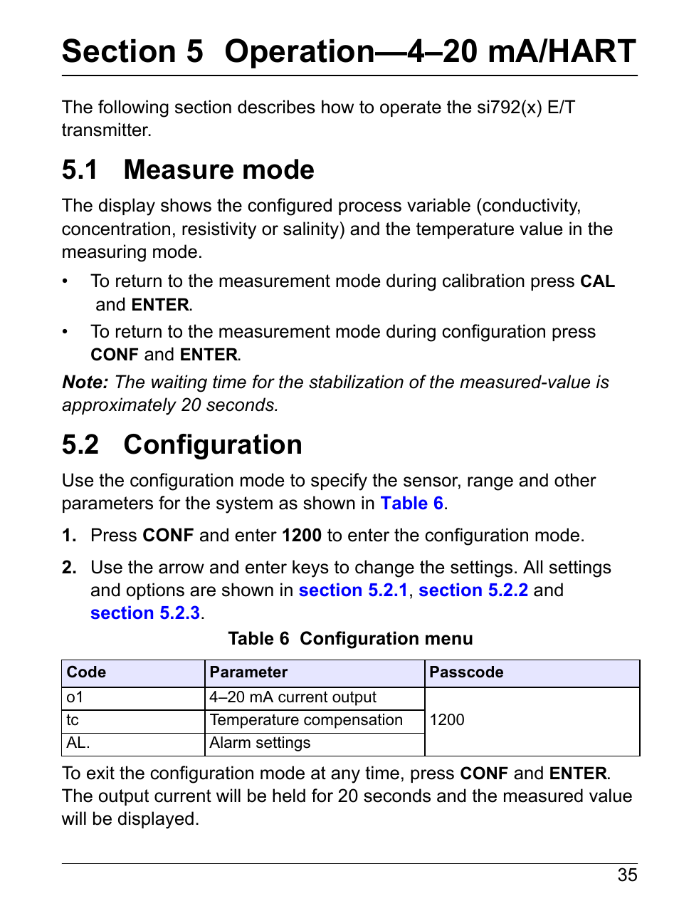 Section 5 operation-4-20 ma/hart, 1 measure mode, 2 configuration | Section 5 operation—4–20 ma/hart, 1 measure mode 5.2 configuration | Hach-Lange SI792(x) E HACH GLI 3700 series SI792(x) T 7MA2200 and 8398 series User Manual User Manual | Page 37 / 116