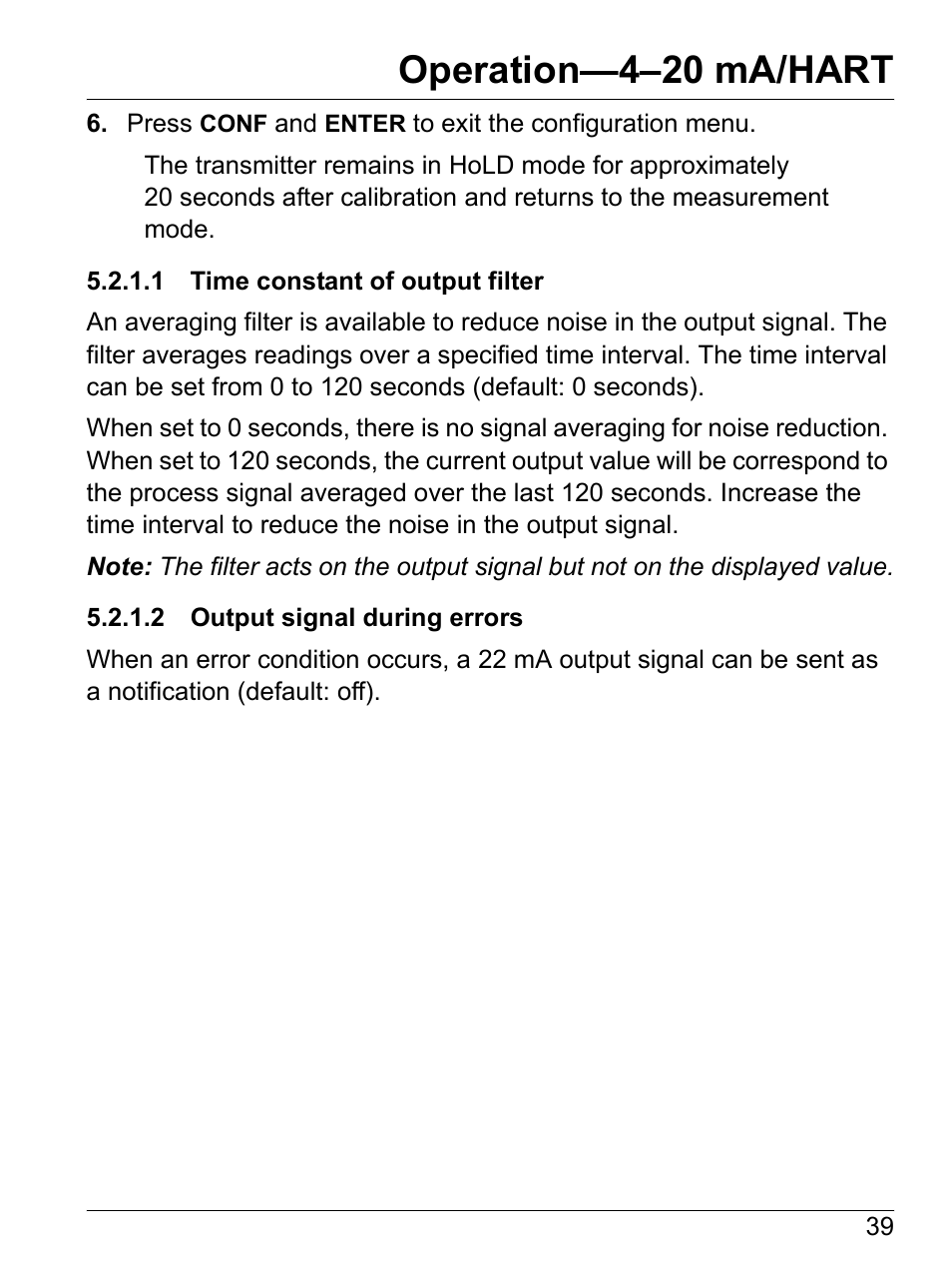 1 time constant of output filter, 2 output signal during errors, Section 5.2.1.1 | Operation—4–20 ma/hart | Hach-Lange SI792(x) E HACH GLI 3700 series SI792(x) T 7MA2200 and 8398 series User Manual User Manual | Page 41 / 116