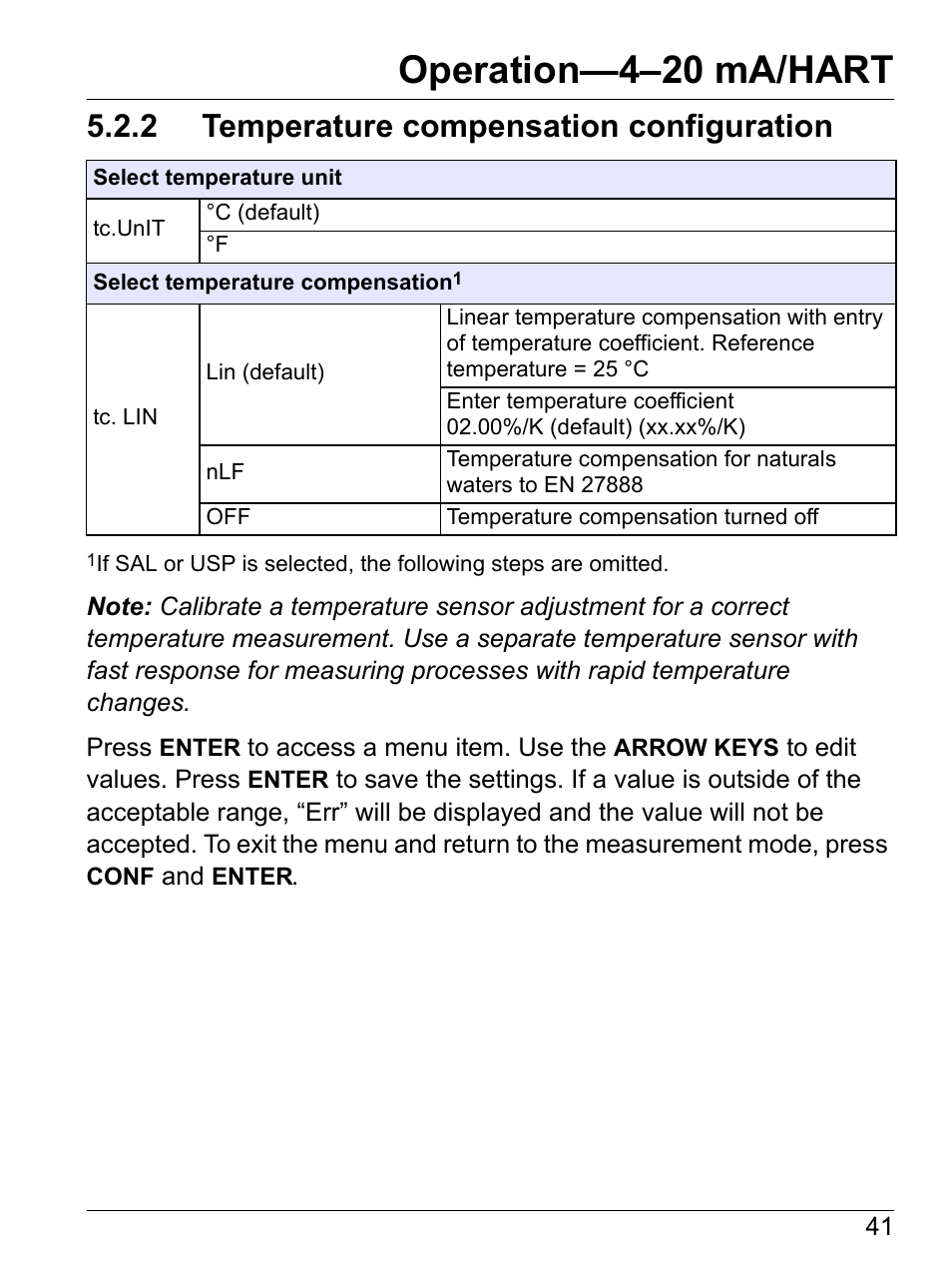2 temperature compensation configuration, Section 5.2.2, Operation—4–20 ma/hart | Hach-Lange SI792(x) E HACH GLI 3700 series SI792(x) T 7MA2200 and 8398 series User Manual User Manual | Page 43 / 116