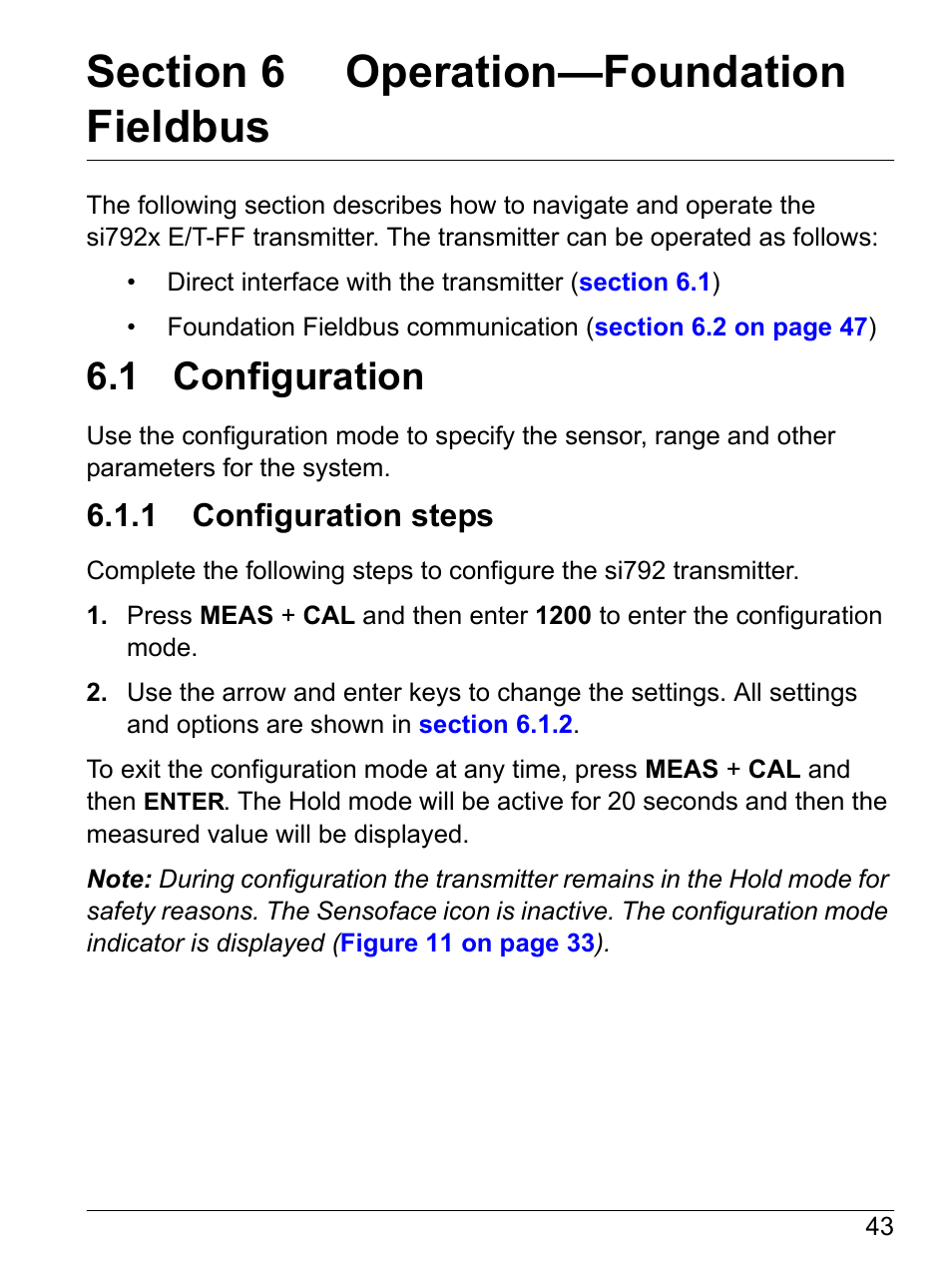 Section 6 operation-foundation fieldbus, 1 configuration, 1 configuration steps | Section 6 operation—foundation fieldbus | Hach-Lange SI792(x) E HACH GLI 3700 series SI792(x) T 7MA2200 and 8398 series User Manual User Manual | Page 45 / 116