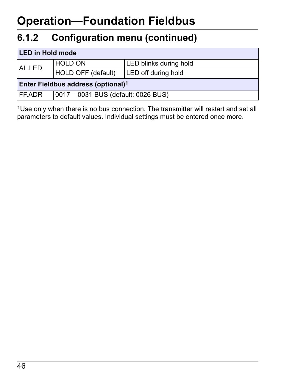 Operation—foundation fieldbus, 2 configuration menu (continued) | Hach-Lange SI792(x) E HACH GLI 3700 series SI792(x) T 7MA2200 and 8398 series User Manual User Manual | Page 48 / 116