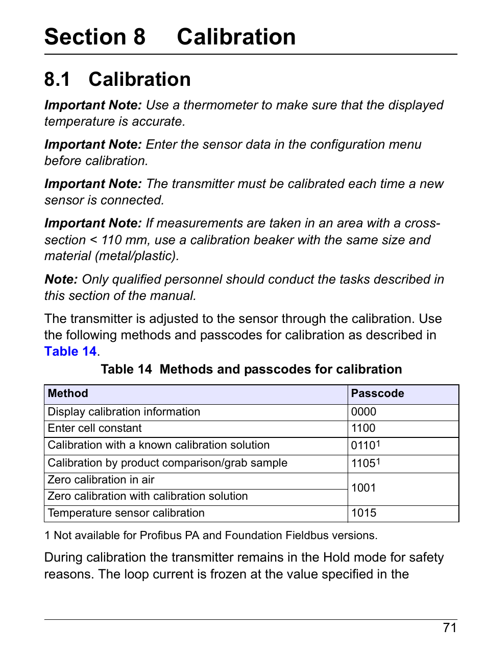 Section 8 calibration, 1 calibration | Hach-Lange SI792(x) E HACH GLI 3700 series SI792(x) T 7MA2200 and 8398 series User Manual User Manual | Page 73 / 116