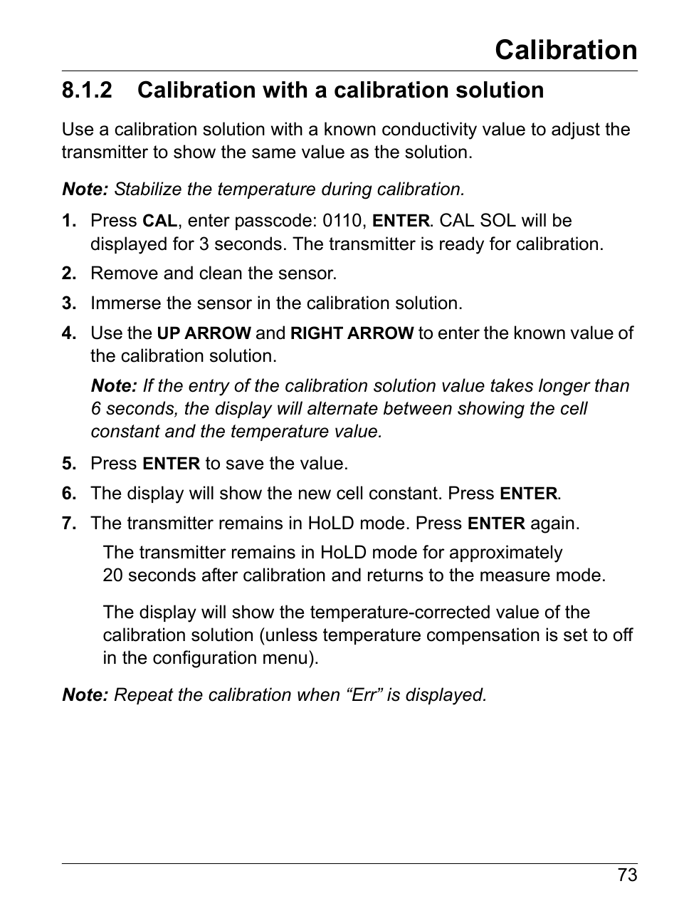 2 calibration with a calibration solution, Calibration | Hach-Lange SI792(x) E HACH GLI 3700 series SI792(x) T 7MA2200 and 8398 series User Manual User Manual | Page 75 / 116