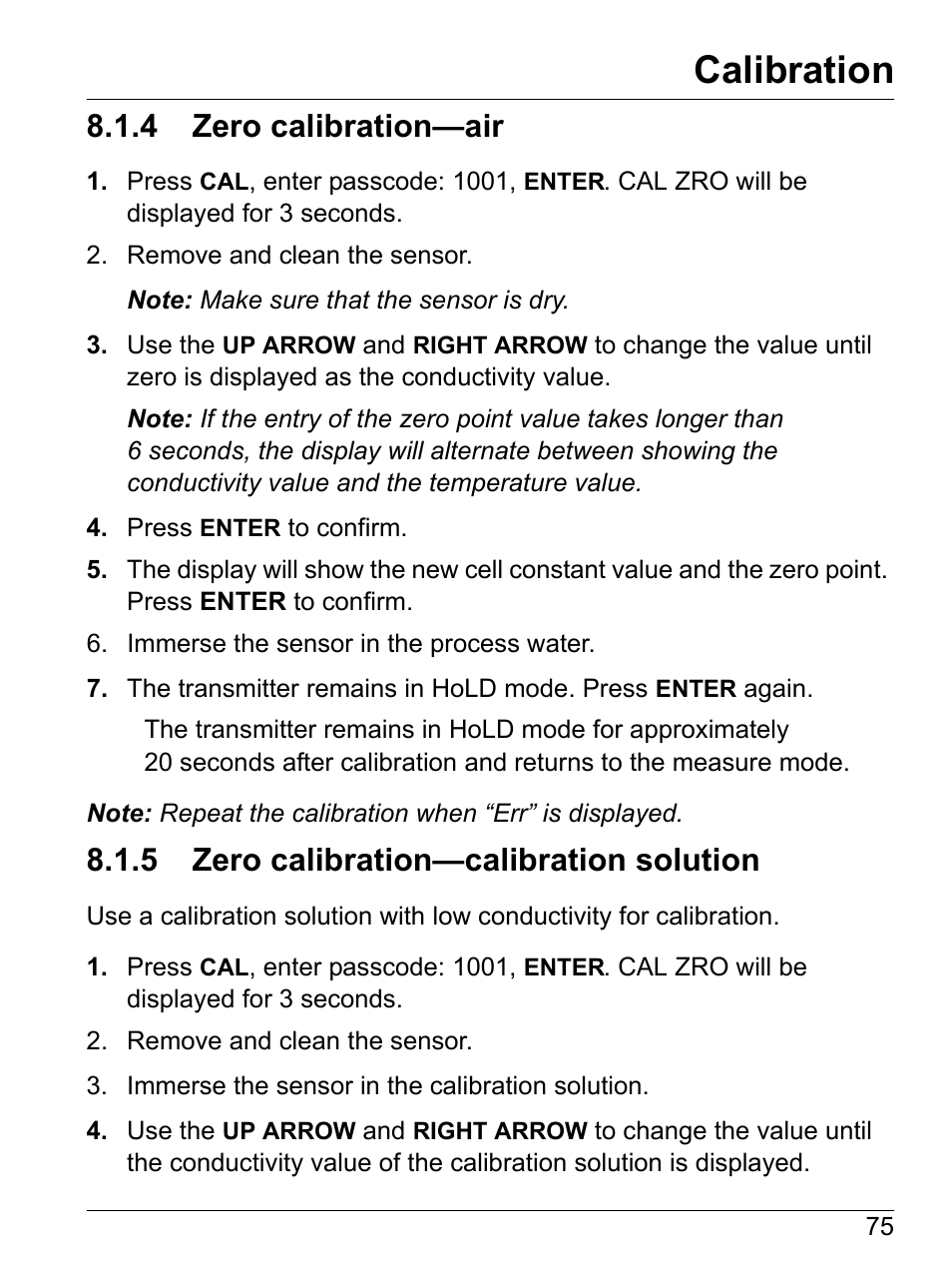 4 zero calibration-air, 5 zero calibration-calibration solution, Calibration | 4 zero calibration—air, 5 zero calibration—calibration solution | Hach-Lange SI792(x) E HACH GLI 3700 series SI792(x) T 7MA2200 and 8398 series User Manual User Manual | Page 77 / 116