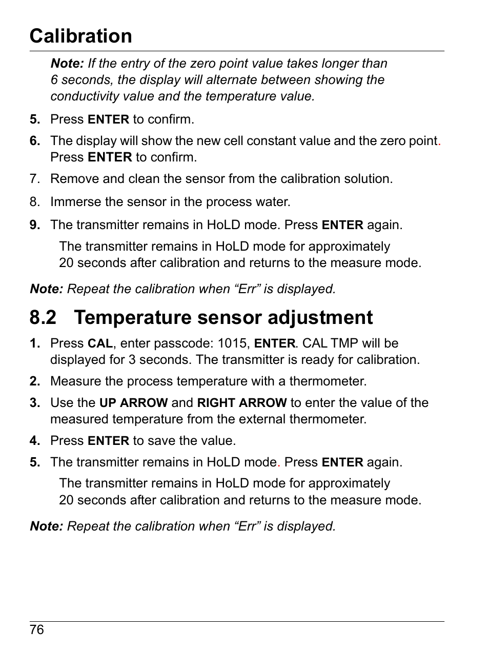 2 temperature sensor adjustment, Calibration | Hach-Lange SI792(x) E HACH GLI 3700 series SI792(x) T 7MA2200 and 8398 series User Manual User Manual | Page 78 / 116