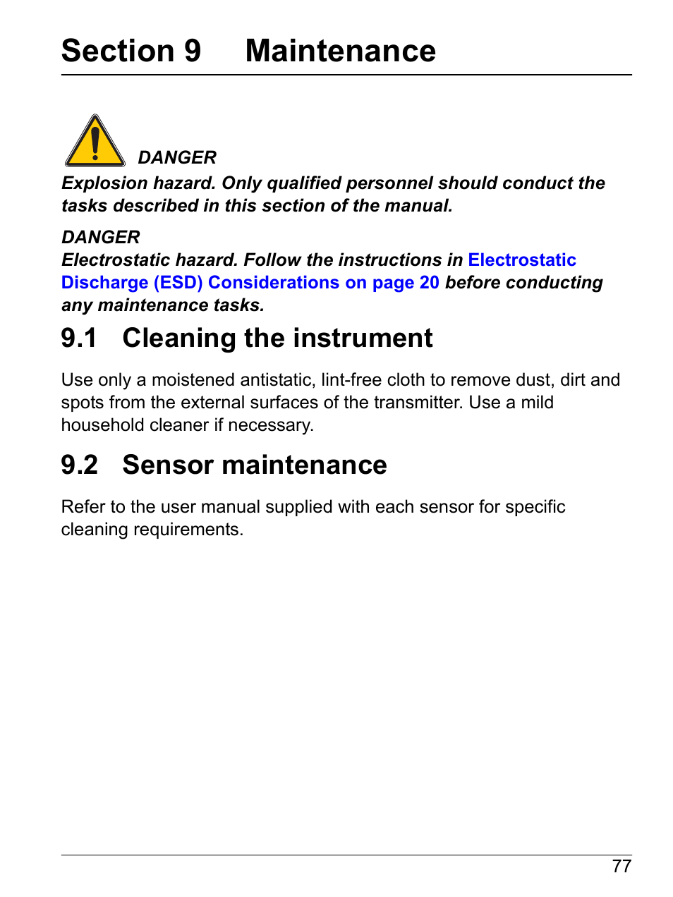 Section 9 maintenance, 1 cleaning the instrument, 2 sensor maintenance | 1 cleaning the instrument 9.2 sensor maintenance | Hach-Lange SI792(x) E HACH GLI 3700 series SI792(x) T 7MA2200 and 8398 series User Manual User Manual | Page 79 / 116