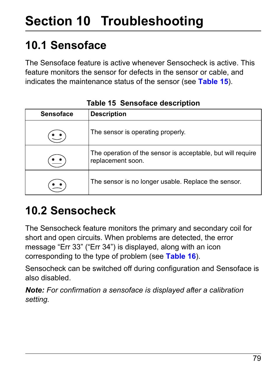 Section 10 troubleshooting, 1 sensoface, 2 sensocheck | 1 sensoface 10.2 sensocheck | Hach-Lange SI792(x) E HACH GLI 3700 series SI792(x) T 7MA2200 and 8398 series User Manual User Manual | Page 81 / 116