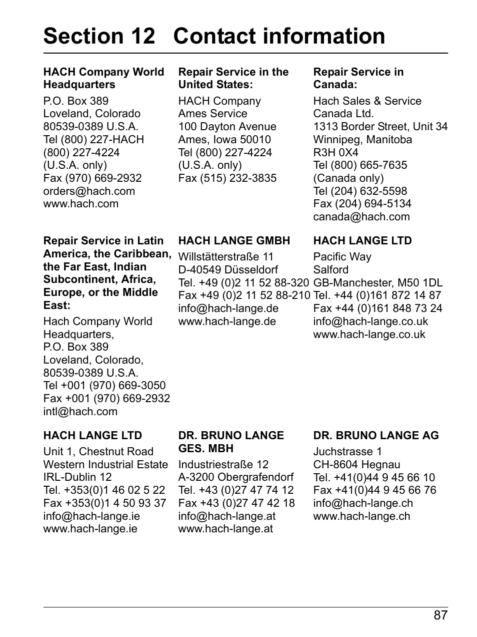 Section 12 contact information | Hach-Lange SI792(x) E HACH GLI 3700 series SI792(x) T 7MA2200 and 8398 series User Manual User Manual | Page 89 / 116