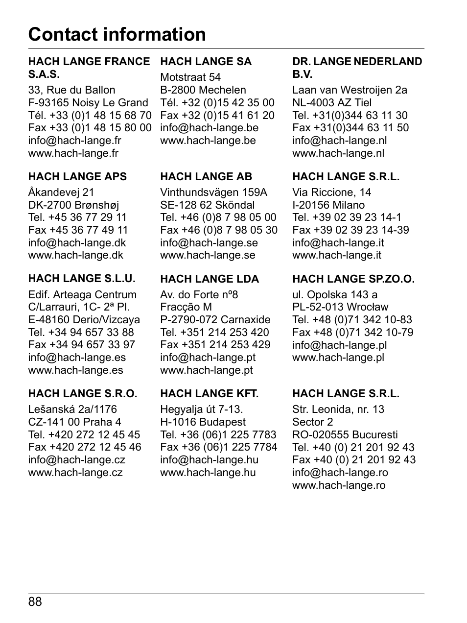 Contact information | Hach-Lange SI792(x) E HACH GLI 3700 series SI792(x) T 7MA2200 and 8398 series User Manual User Manual | Page 90 / 116