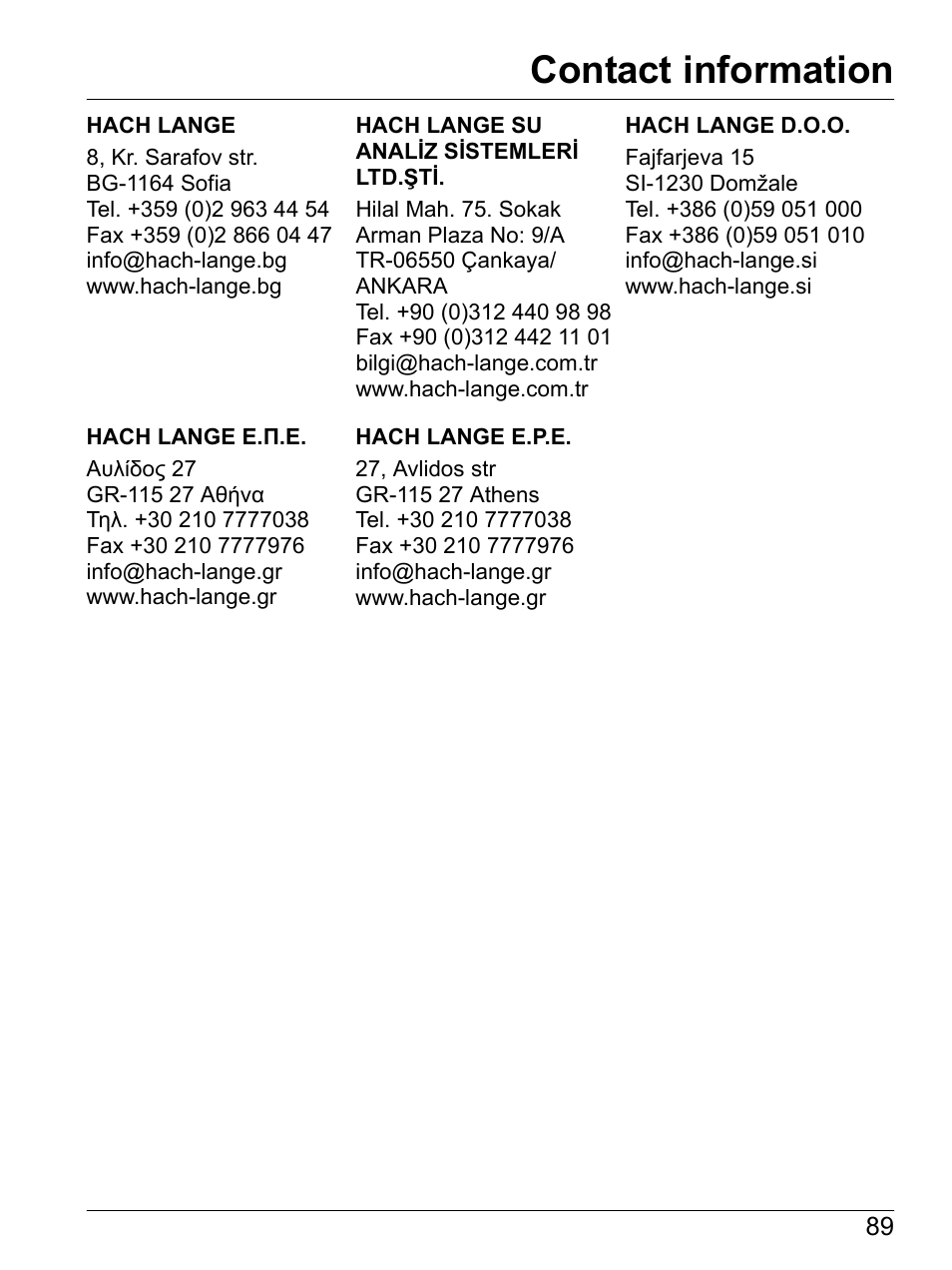 Contact information | Hach-Lange SI792(x) E HACH GLI 3700 series SI792(x) T 7MA2200 and 8398 series User Manual User Manual | Page 91 / 116