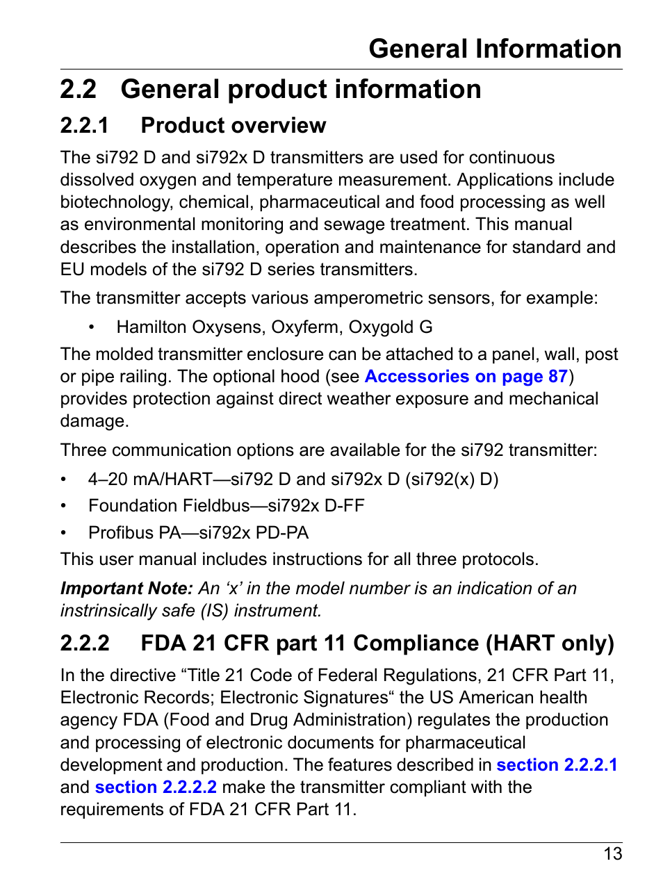 2 general product information, 1 product overview, 2 fda 21 cfr part 11 compliance (hart only) | General information | Hach-Lange SI792 D, SI792x D, SI792x D-FF, SI792x D-PA User Manual User Manual | Page 15 / 98