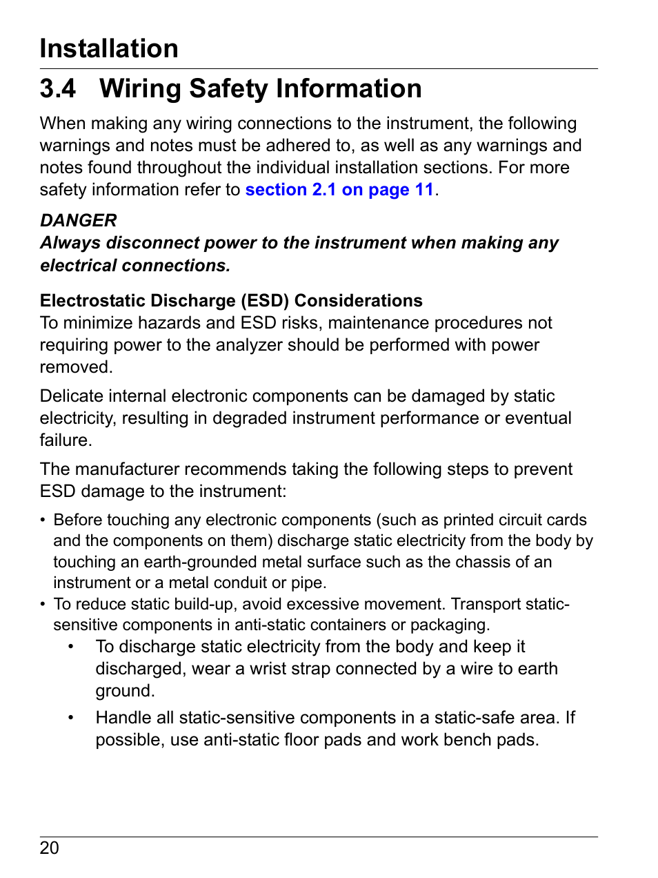 4 wiring safety information, Installation | Hach-Lange SI792 D, SI792x D, SI792x D-FF, SI792x D-PA User Manual User Manual | Page 22 / 98