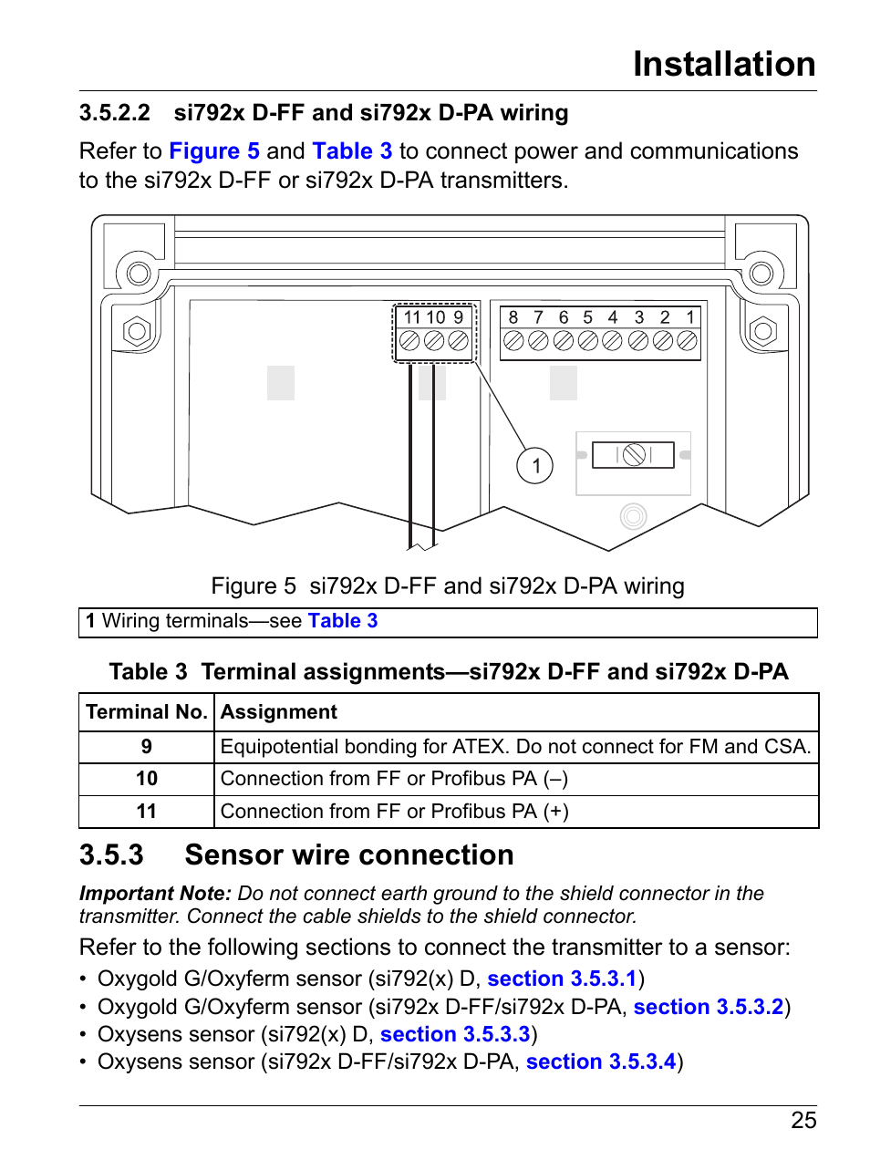 2 si792x d-ff and si792x d-pa wiring, 3 sensor wire connection, Installation | Hach-Lange SI792 D, SI792x D, SI792x D-FF, SI792x D-PA User Manual User Manual | Page 27 / 98