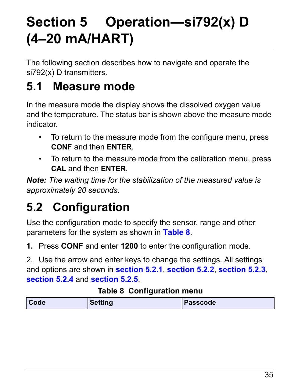 Section 5 operation-si792(x) d (4-20 ma/hart), 1 measure mode, 2 configuration | Section 5 operation—si792(x) d, 4–20 ma/hart), 1 measure mode 5.2 configuration | Hach-Lange SI792 D, SI792x D, SI792x D-FF, SI792x D-PA User Manual User Manual | Page 37 / 98