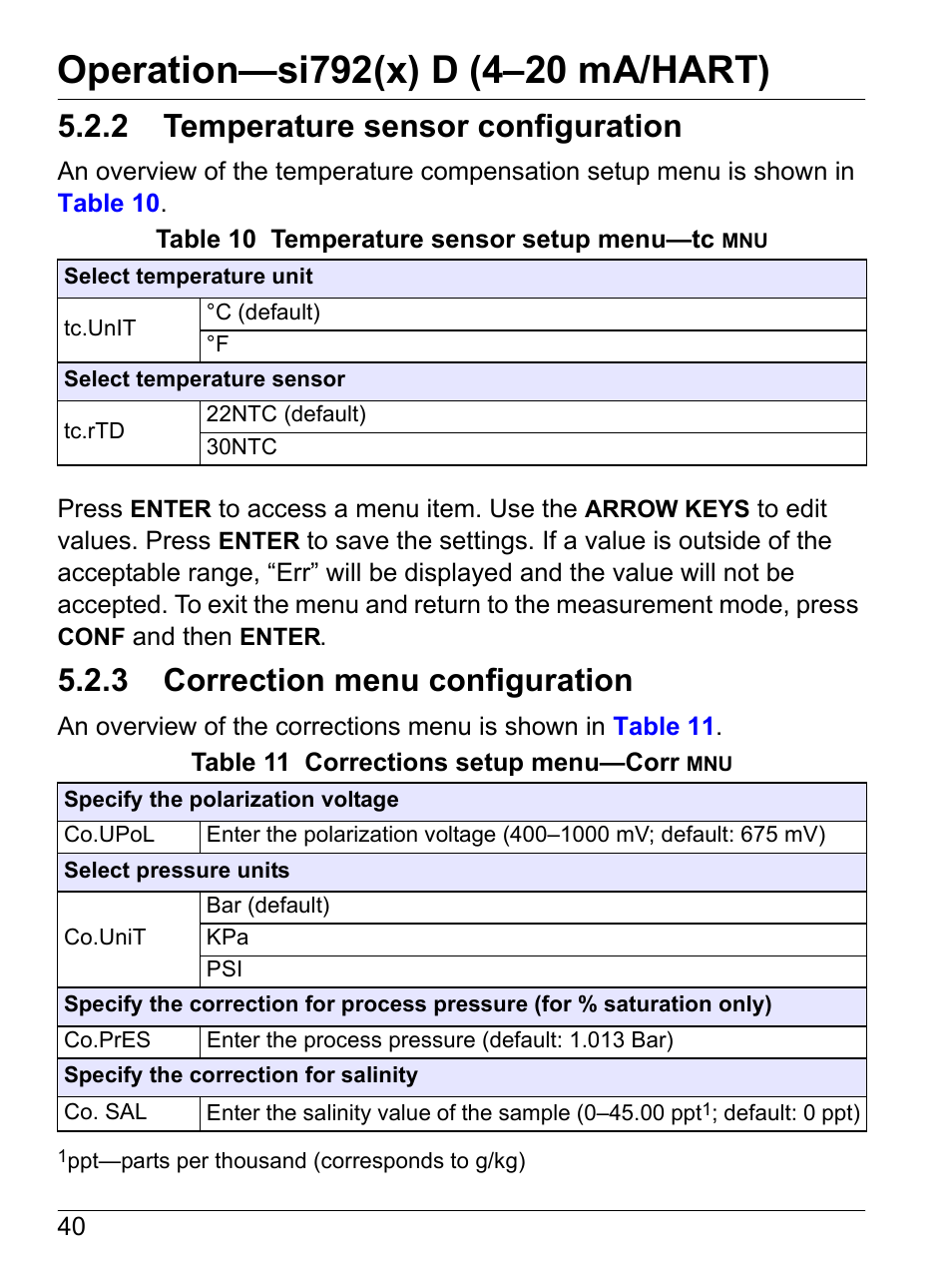 2 temperature sensor configuration, 3 correction menu configuration, Section 5.2.2 | Section 5.2.3 | Hach-Lange SI792 D, SI792x D, SI792x D-FF, SI792x D-PA User Manual User Manual | Page 42 / 98