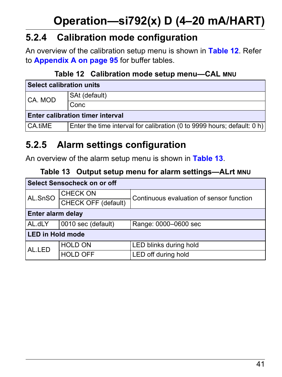 4 calibration mode configuration, 5 alarm settings configuration, Section 5.2.4 | Section 5.2.5 | Hach-Lange SI792 D, SI792x D, SI792x D-FF, SI792x D-PA User Manual User Manual | Page 43 / 98