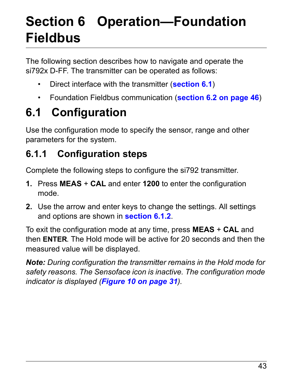 Section 6 operation-foundation fieldbus, 1 configuration, 1 configuration steps | Section 6 operation—foundation fieldbus | Hach-Lange SI792 D, SI792x D, SI792x D-FF, SI792x D-PA User Manual User Manual | Page 45 / 98