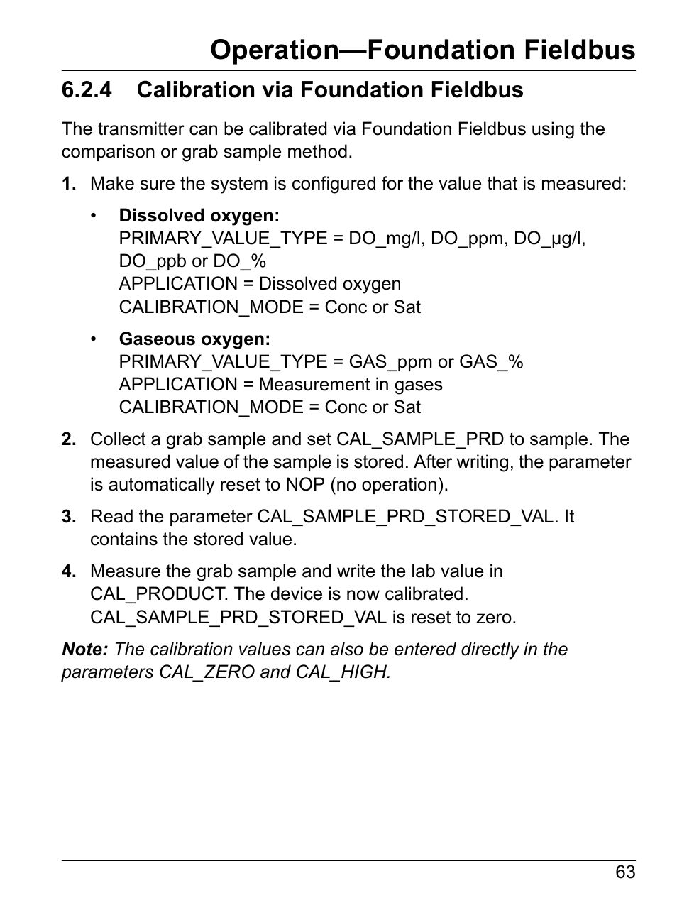4 calibration via foundation fieldbus, Operation—foundation fieldbus | Hach-Lange SI792 D, SI792x D, SI792x D-FF, SI792x D-PA User Manual User Manual | Page 65 / 98