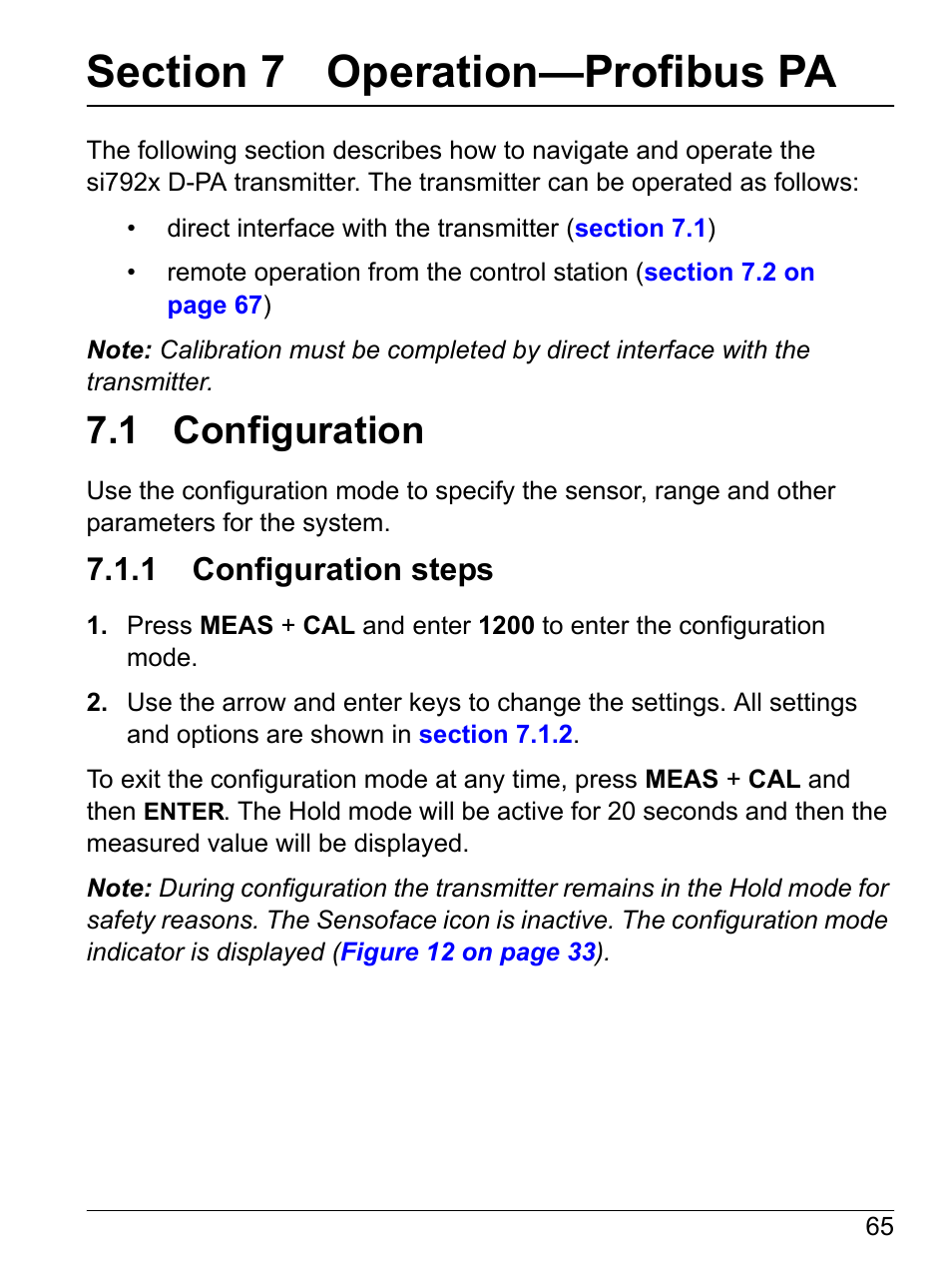 Section 7 operation-profibus pa, 1 configuration, 1 configuration steps | Section 7 operation—profibus pa | Hach-Lange SI792 D, SI792x D, SI792x D-FF, SI792x D-PA User Manual User Manual | Page 67 / 98