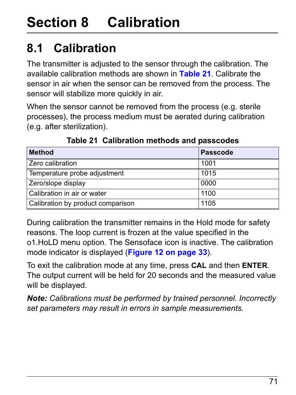 Section 8 calibration, 1 calibration | Hach-Lange SI792 D, SI792x D, SI792x D-FF, SI792x D-PA User Manual User Manual | Page 73 / 98