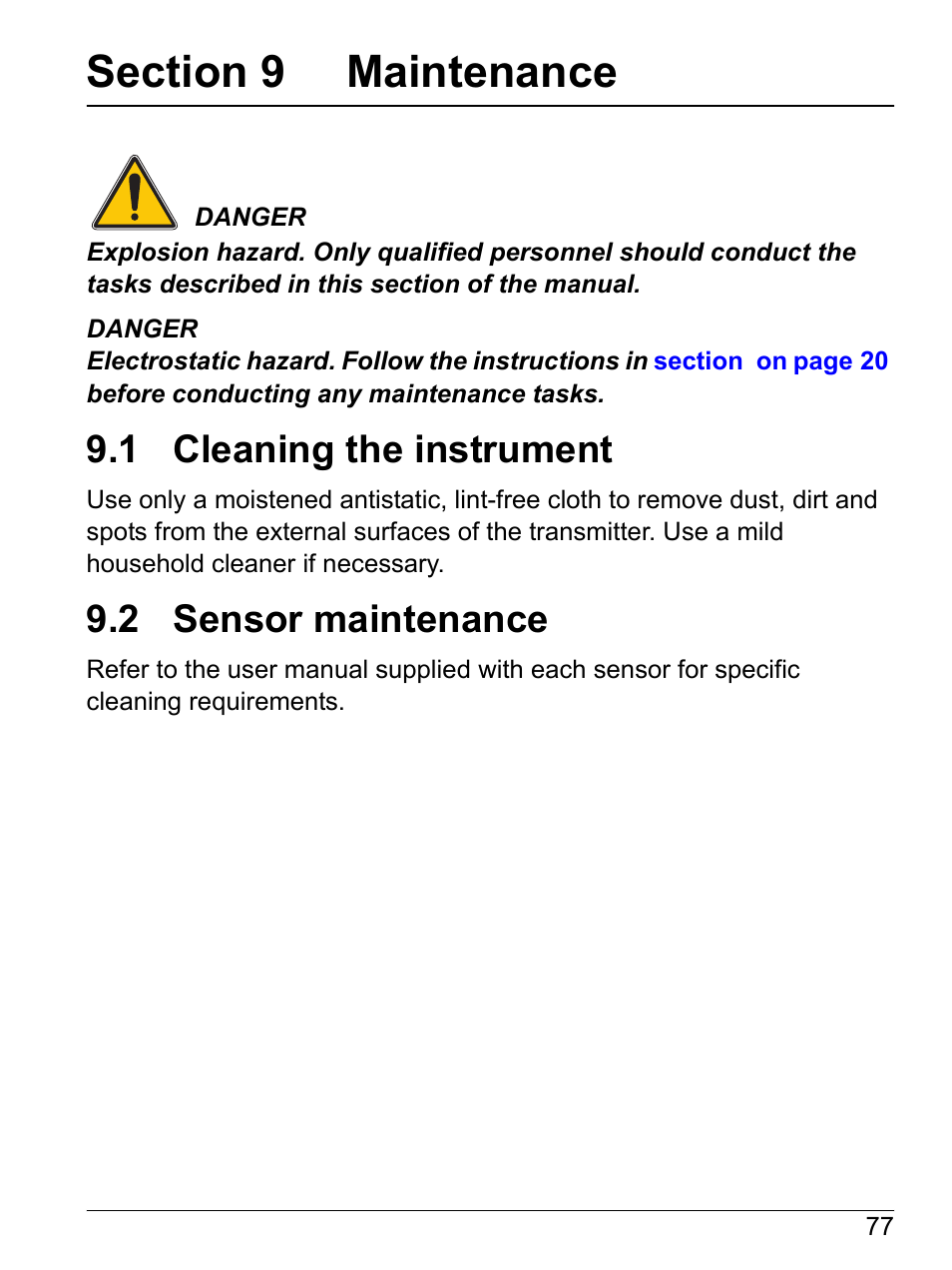 Section 9 maintenance, 1 cleaning the instrument, 2 sensor maintenance | 1 cleaning the instrument 9.2 sensor maintenance | Hach-Lange SI792 D, SI792x D, SI792x D-FF, SI792x D-PA User Manual User Manual | Page 79 / 98