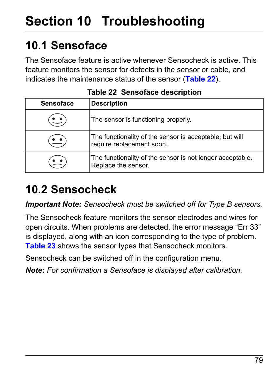 Section 10 troubleshooting, 1 sensoface, 2 sensocheck | 1 sensoface 10.2 sensocheck | Hach-Lange SI792 D, SI792x D, SI792x D-FF, SI792x D-PA User Manual User Manual | Page 81 / 98