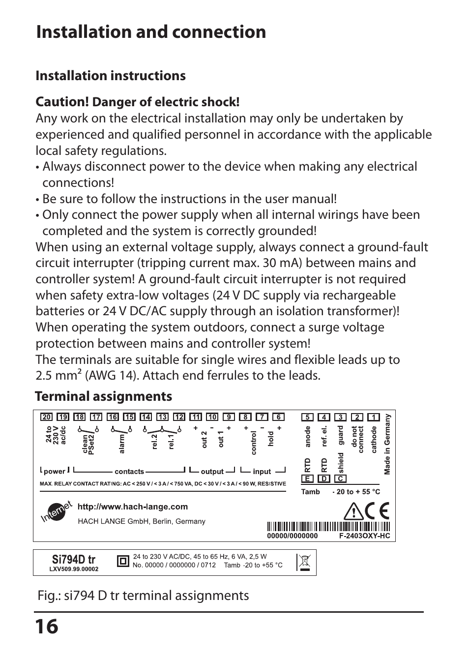 Installation and connection, Terminal assignments | Hach-Lange SI794 D tr User Manual User Manual | Page 16 / 108