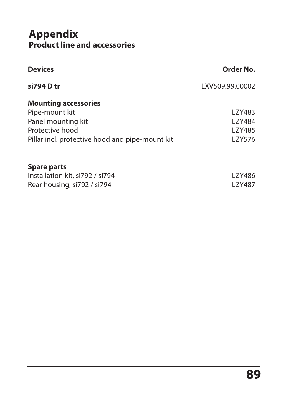 Product line and accessories, Appendix | Hach-Lange SI794 D tr User Manual User Manual | Page 89 / 108