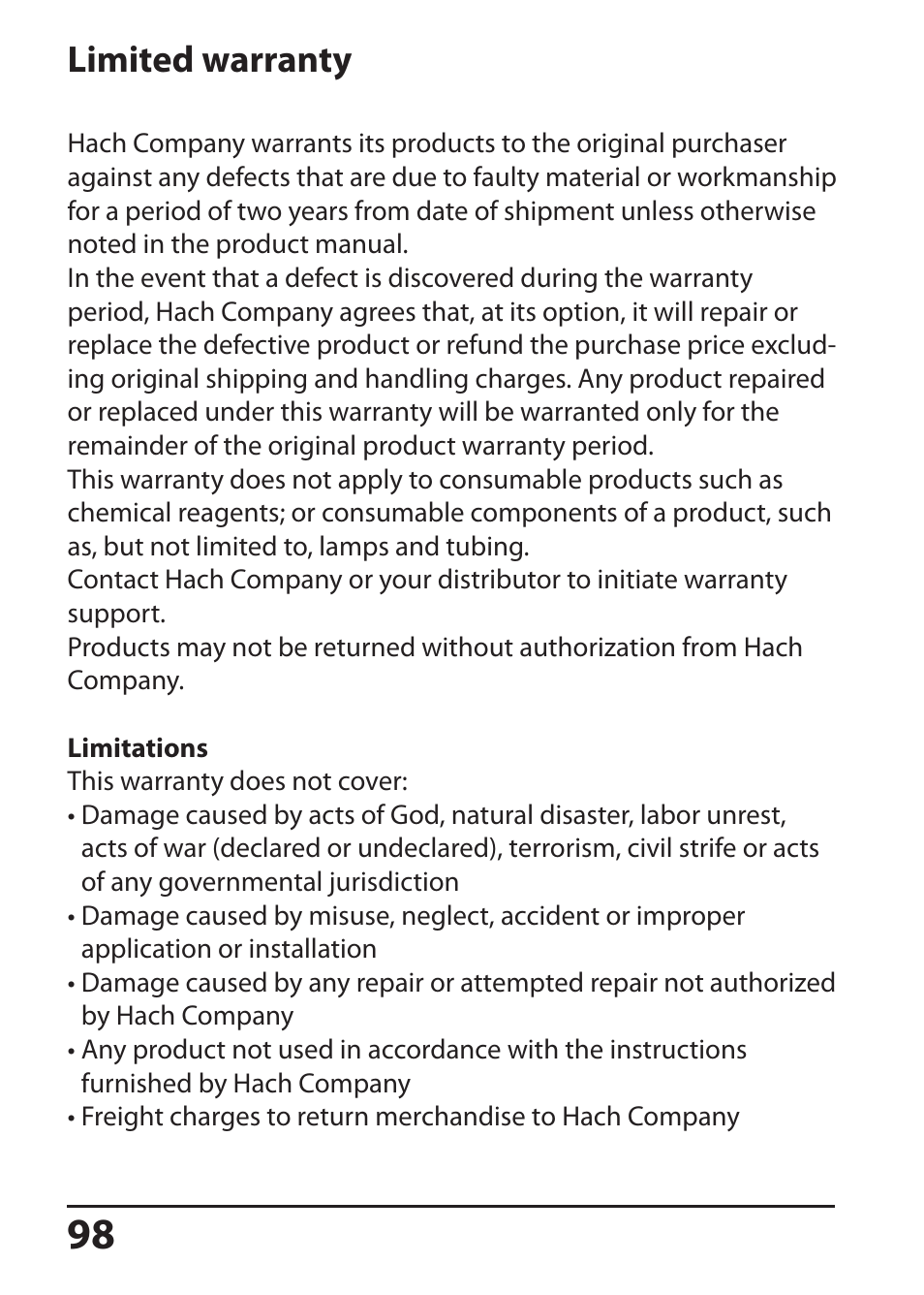 Limited warranty | Hach-Lange SI794 D tr User Manual User Manual | Page 98 / 108