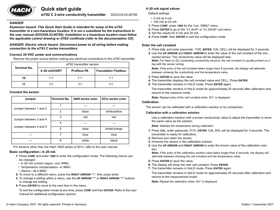 Hach-Lange SI792 C Quick start guide User Manual | 2 pages