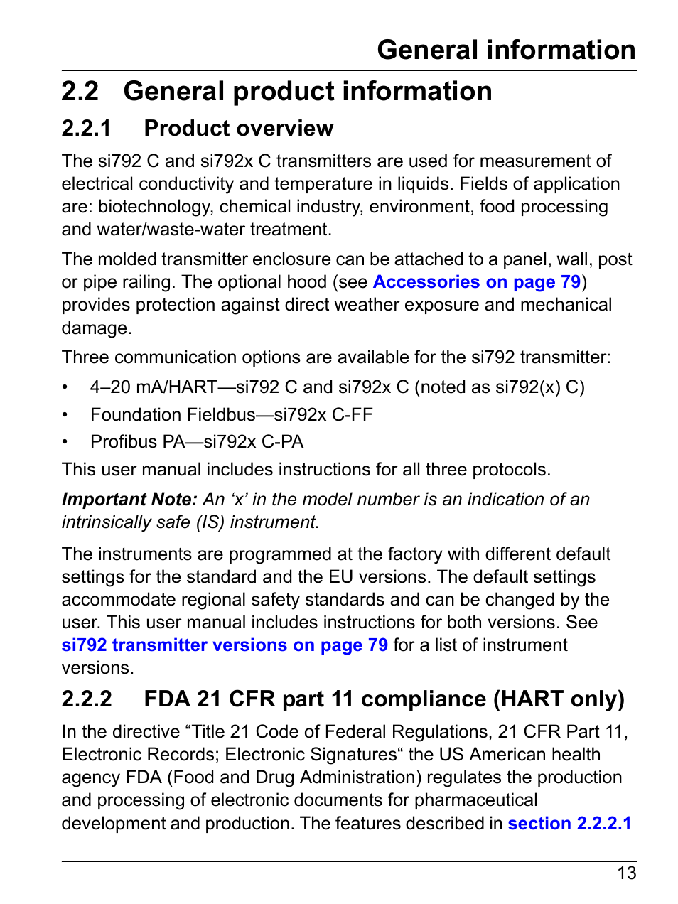 2 general product information, 1 product overview, 2 fda 21 cfr part 11 compliance (hart only) | General information | Hach-Lange SI792 C, SI792x C, SI792x C-FF, SI792x C-PA User Manual User Manual | Page 15 / 104