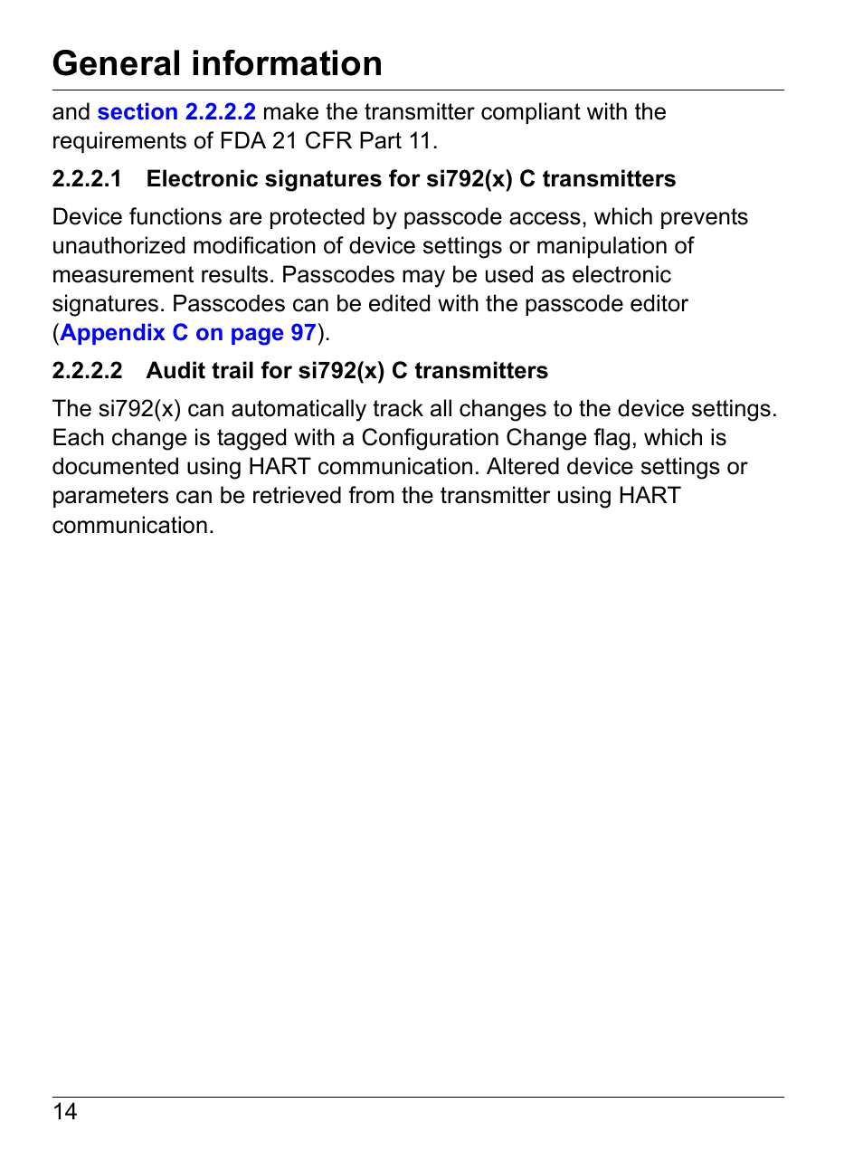 2 audit trail for si792(x) c transmitters, Section 2.2.2.1, General information | Hach-Lange SI792 C, SI792x C, SI792x C-FF, SI792x C-PA User Manual User Manual | Page 16 / 104