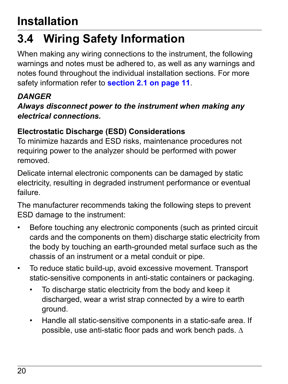 4 wiring safety information, Installation | Hach-Lange SI792 C, SI792x C, SI792x C-FF, SI792x C-PA User Manual User Manual | Page 22 / 104