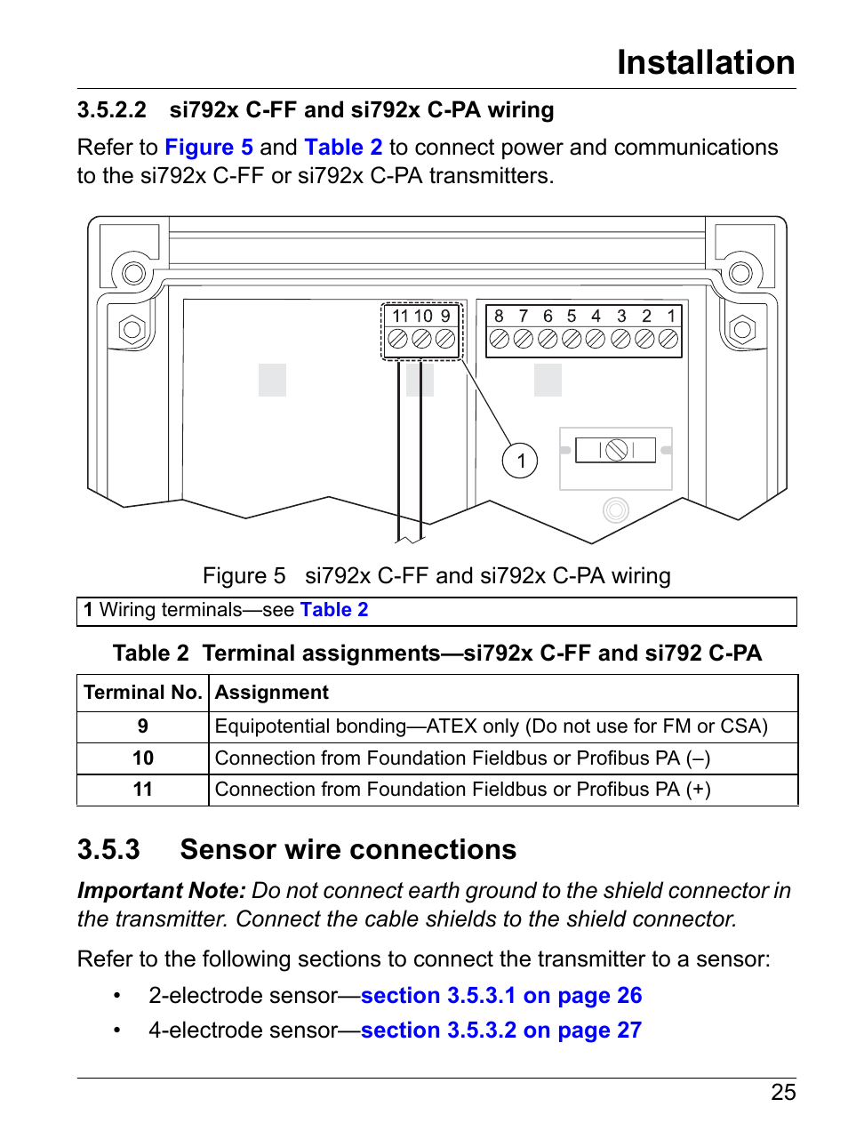 2 si792x c-ff and si792x c-pa wiring, 3 sensor wire connections, Installation | Hach-Lange SI792 C, SI792x C, SI792x C-FF, SI792x C-PA User Manual User Manual | Page 27 / 104