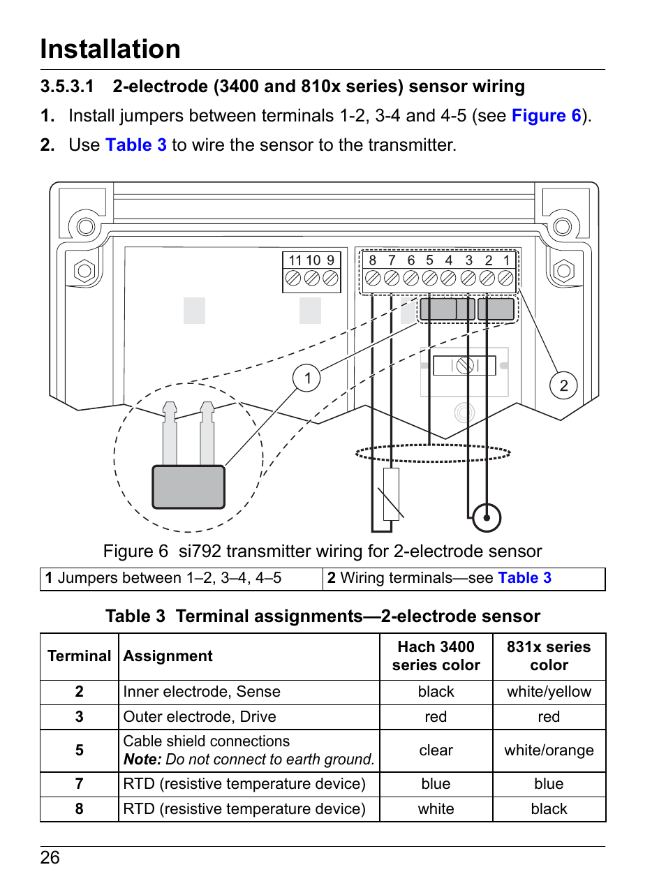 1 2-electrode (3400 and 810x series) sensor wiring, Electrode sensor, Installation | Hach-Lange SI792 C, SI792x C, SI792x C-FF, SI792x C-PA User Manual User Manual | Page 28 / 104