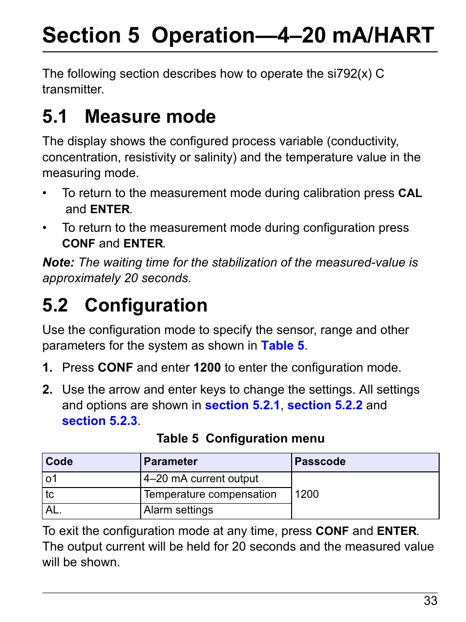 Section 5 operation-4-20 ma/hart, 1 measure mode, 2 configuration | Section 5 operation—4–20 ma/hart, 1 measure mode 5.2 configuration | Hach-Lange SI792 C, SI792x C, SI792x C-FF, SI792x C-PA User Manual User Manual | Page 35 / 104