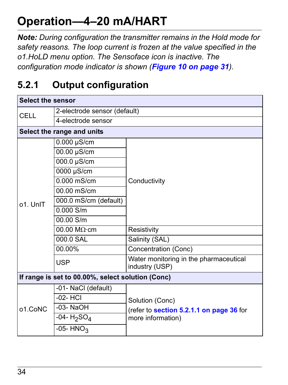 1 output configuration, Section 5.2.1, Operation—4–20 ma/hart | Hach-Lange SI792 C, SI792x C, SI792x C-FF, SI792x C-PA User Manual User Manual | Page 36 / 104