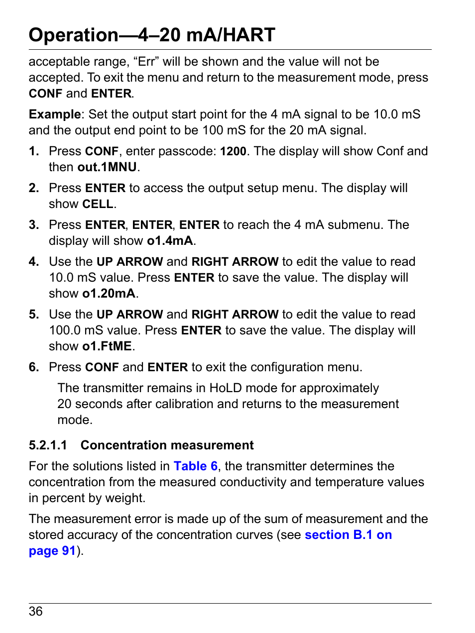 1 concentration measurement, Operation—4–20 ma/hart | Hach-Lange SI792 C, SI792x C, SI792x C-FF, SI792x C-PA User Manual User Manual | Page 38 / 104