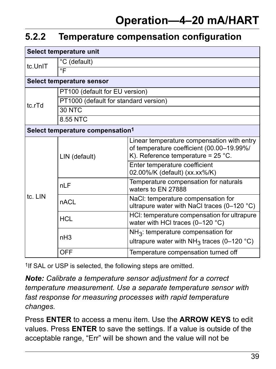 2 temperature compensation configuration, Section 5.2.2, Operation—4–20 ma/hart | Hach-Lange SI792 C, SI792x C, SI792x C-FF, SI792x C-PA User Manual User Manual | Page 41 / 104